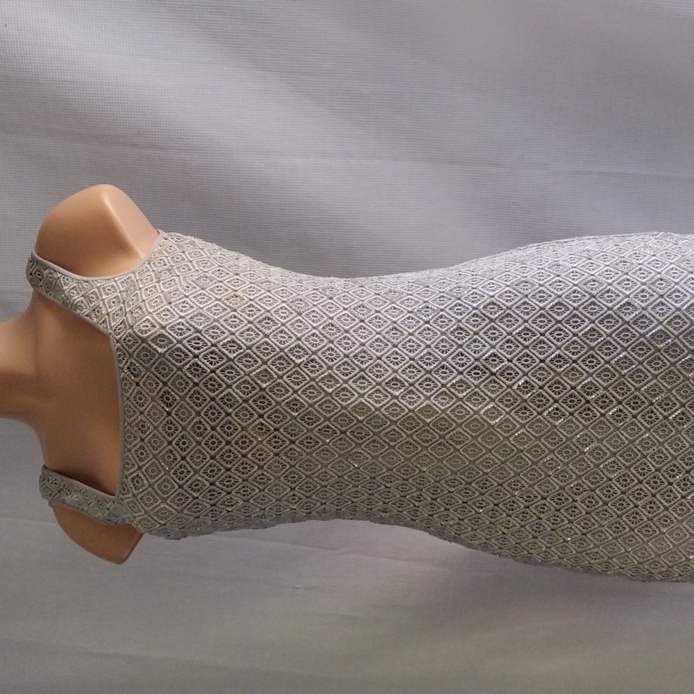 Basix II silver gray crochet beaded maxi cocktail dress 6